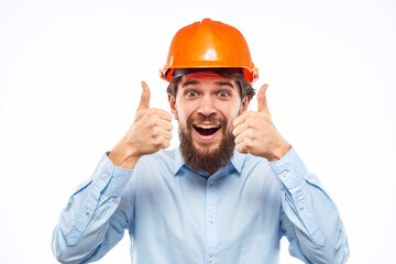 Emotional man Construction worker orange hard hat engineer Professional