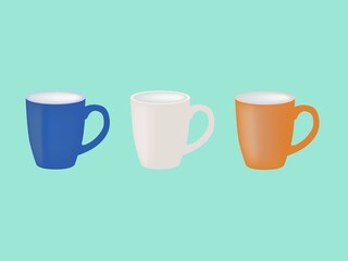 Colored ceramic mugs for coffee or tea on green background. Cup Icon for Graphic Design Projects, Realistic vector illustration.