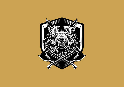 vintage retro badass wolf axes and shield black and white vector illustration
