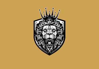 vintage retro black and white badass lion shield and crown with aggressive expression vector illustration