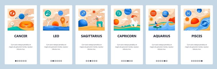 Horoscope signs vector set. Mobile app user interface with colorful icons. Zodiac symbols, cancer, capricorn, aquarius, pisces, sagittarius, leo. Astrology and horoscope calendar symbols