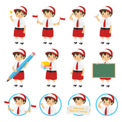 Indonesia elementary student character vector set. Boy student wearing school uniform holding school equipment, and Indonesia boy student in blue circle frame.