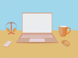 Front view of workspace in the orange table surface and blue wall. Desk work and play concept at home or office. Notebook laptop with coffee mug, Mobile phone and headphone in orange tone. vector