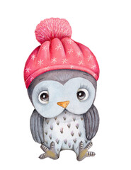 New Year Christmas illustration of  cute cartoon little owl, forest birs in red hat. Watercolor hand drawn artwork, isolated on white background.