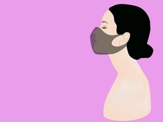 Beautiful side view of women faces wearing dust masks. Isolated on pink background. People template of sticker or icon for protect from air pollution. - vector