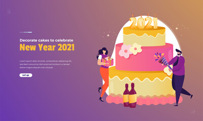 Illustration of decorating a cake for a new year 2021 party