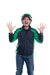 successful motor taxi rider raise his arm isolated over white background