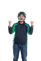successful motor taxi rider raise his arm isolated over white background