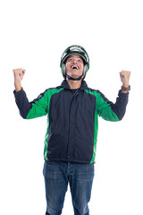 successful motor taxi rider raise his arm isolated over white background