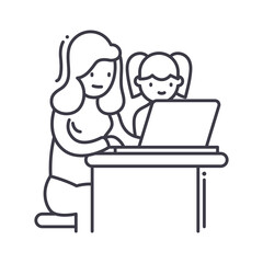 Woman work with kid at laptop icon, linear isolated illustration, thin line vector, web design sign, outline concept symbol with editable stroke on white background.