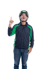 uber taxi driver with helmet pointing to blank white copy space