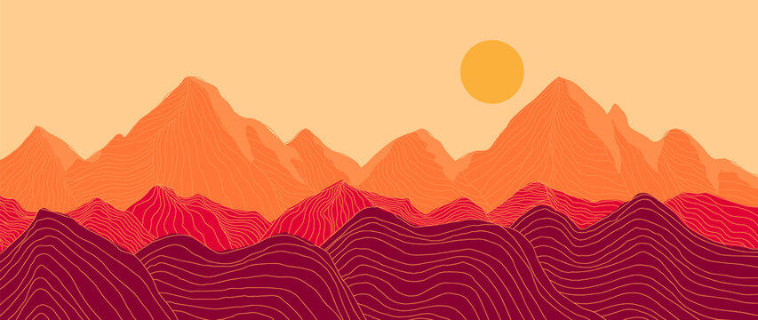 Mountain line arts background vector. Landscape with mountains and sun, Mountainous terrain, Sun set wallpaper design for wall arts, cover, fabric. Vector illustration.