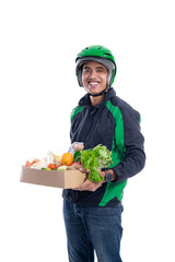 online grocery store. online driver courier carrying groceries. uber rider delivery service isolated over white background