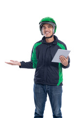 taxi driver with helmet presenting blank space over white background