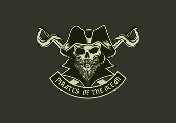 vintage retro badass tactical bearded skull pirate badge vector illustration