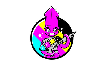 modern playful squid character holding an ink  gun cartoon mascot vector illustration