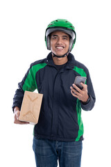 male courier with package and using smartphone isolated over white background