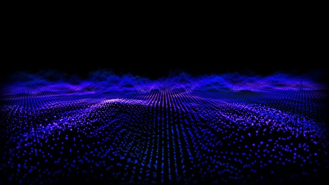 Futuristic abstract violet glow blue fly over waveform sound audio music ball oscillation, visualization wave technology digital surface