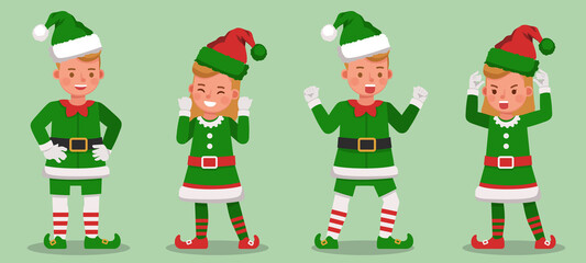 Set of kids wearing christmas elf costumes character vector design. Presentation in various action with emotions. no3