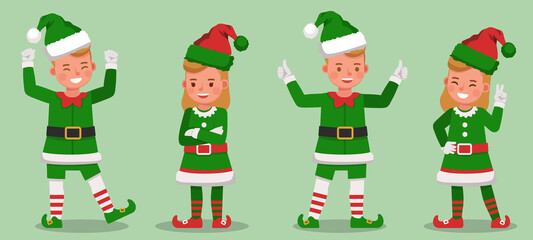 Set of kids wearing christmas elf costumes character vector design. Presentation in various action with emotions. no4