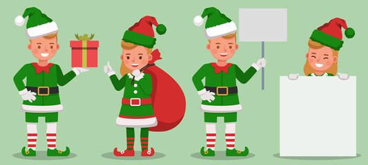Set of kids wearing christmas elf costumes character vector design. Presentation in various action with emotions. no6