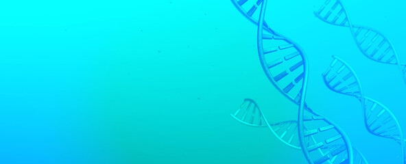 DNA spirals on a green and blue background. Copy space for text. 3d render