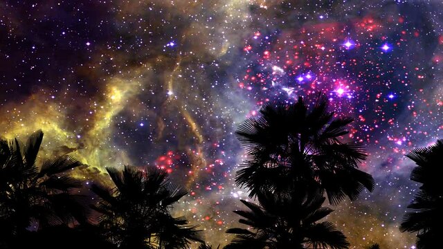 Rosette nebula moving back silhouette gray cloud on the night dark sky time lapse