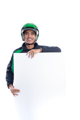 portrait of uber rider with helmet holding blank white board