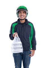 fast food delivery. man with uniform jacket and helmet delivering food isolated over white
