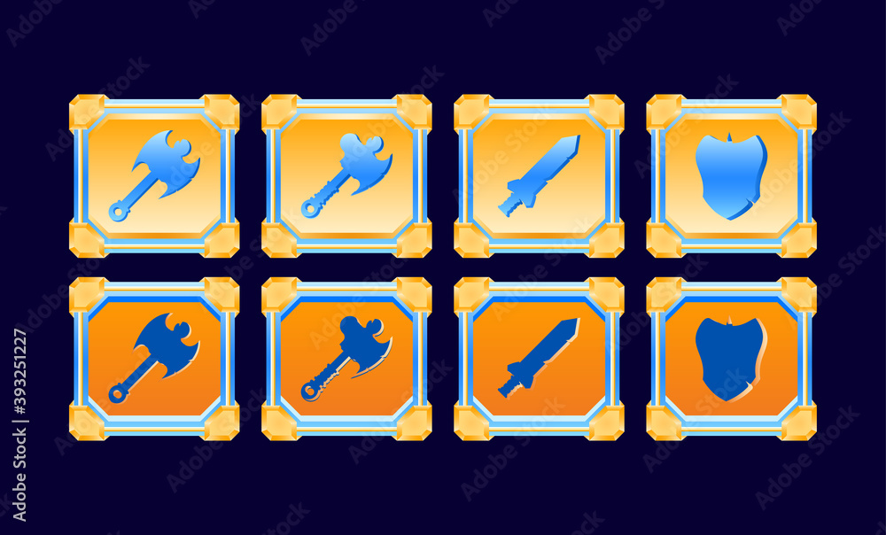 Aufkleber set of game ui fantasy golden diamond weapon fighting button for gui asset elements vector illustrat