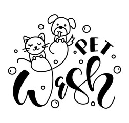 Pet wash logo, black hand written calligraphy isolated on white background, vector illustration.