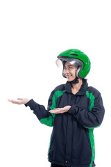 female uber taxi driver presenting to copyspace isolated over white