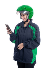 asian beautiful delivery courier with helmet holding smartphone isolated over white background