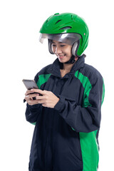asian beautiful delivery courier with helmet holding smartphone isolated over white background