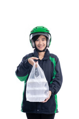 portrait of happy delivery courier smiling isolated over white background