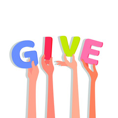 Several different hands are holding colored letters from which the inscription is composed. Concept: giving help, support, multinational volunteering. Vector illustration, cartoon design, isolated.