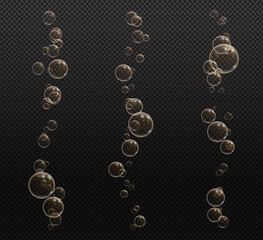 Gold fizzy bubbles. Sparkles champagne. Fizzy pop and effervescent drink. Abstract fresh soda and air bubbles, oxygen, champagne crystal. Vector illustration on black transparent background.