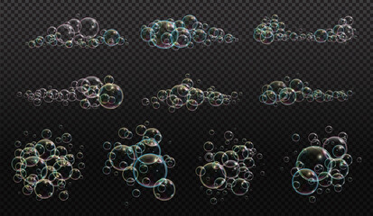 Bath foam soap with neon bubbles isolated vector illustration on transparent background. Colorful cloud of blowing bubbles and soapy foam. Set of cloud.