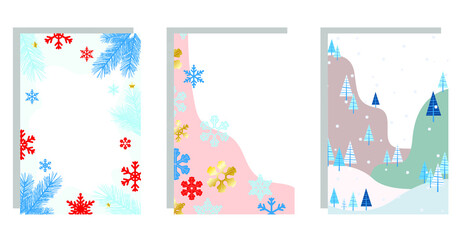 Set of vertical winter backgrounds with snowflakes, fir trees, Christmas decorations, place for text. Vector illustration isolated on white background, color flat cartoon design, eps 10.
