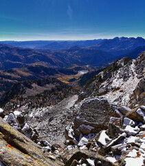 View of mountain landscape from White Baldy and Pfeifferhorn trail, Box Elder and Mill Canyon Peak, American Fork Canyon and Silver Lake in fall, Wasatch Rocky mountain range, Utah, United States. 