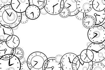 Vector clocks. Frame of watches and dials. Mechanical watch border. Place for text. Black contours isolated on a white background. The concept of time, time trouble, business. Stock illustration. 