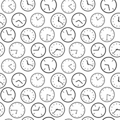Decorative vector seamless pattern with stylized watches in cartoon style. Black contours isolated on a white background. Stylish vector design for web, wallpaper, fabric, goods, booklets, packaging.