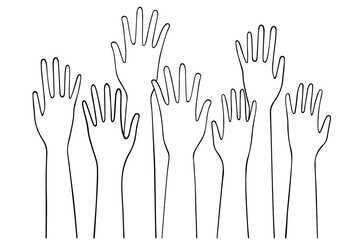 Many hands raised up. Hand-drawn vector illustration. Black outlines isolated on a white background.