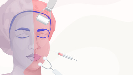 Vector illustration banner concept of cosmetic procedures, injections and plastic surgery. Close-up woman face, massage tools and syringe and place for text