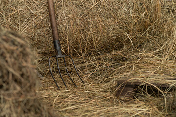 Pitchfork near hay bale. Agriculture theme
