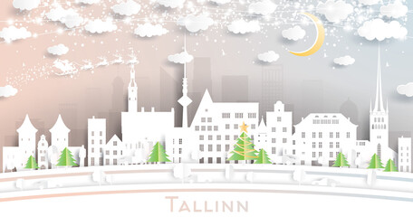 Tallinn Estonia City Skyline in Paper Cut Style with Snowflakes, Moon and Neon Garland.