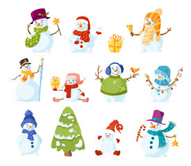 Snowman cartoon set - holidays or Christmas cute snowmen isolated on white background, winter character with scarf, santa hat, mittens, festive decorations - gift box, garland, candy cane, vector