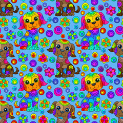Seamless pattern with bright cartoon dogs and flowers in stained glass style on a blue background