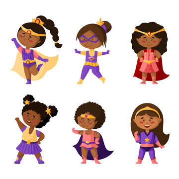 Superhero cartoon african american girls in super costumes, isolated vector clipart on white background, cute darkskin female superhero comic books kids characters, childish illustration set