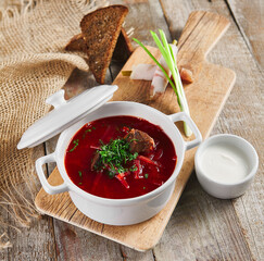 Bowl of red beet root soup borsch